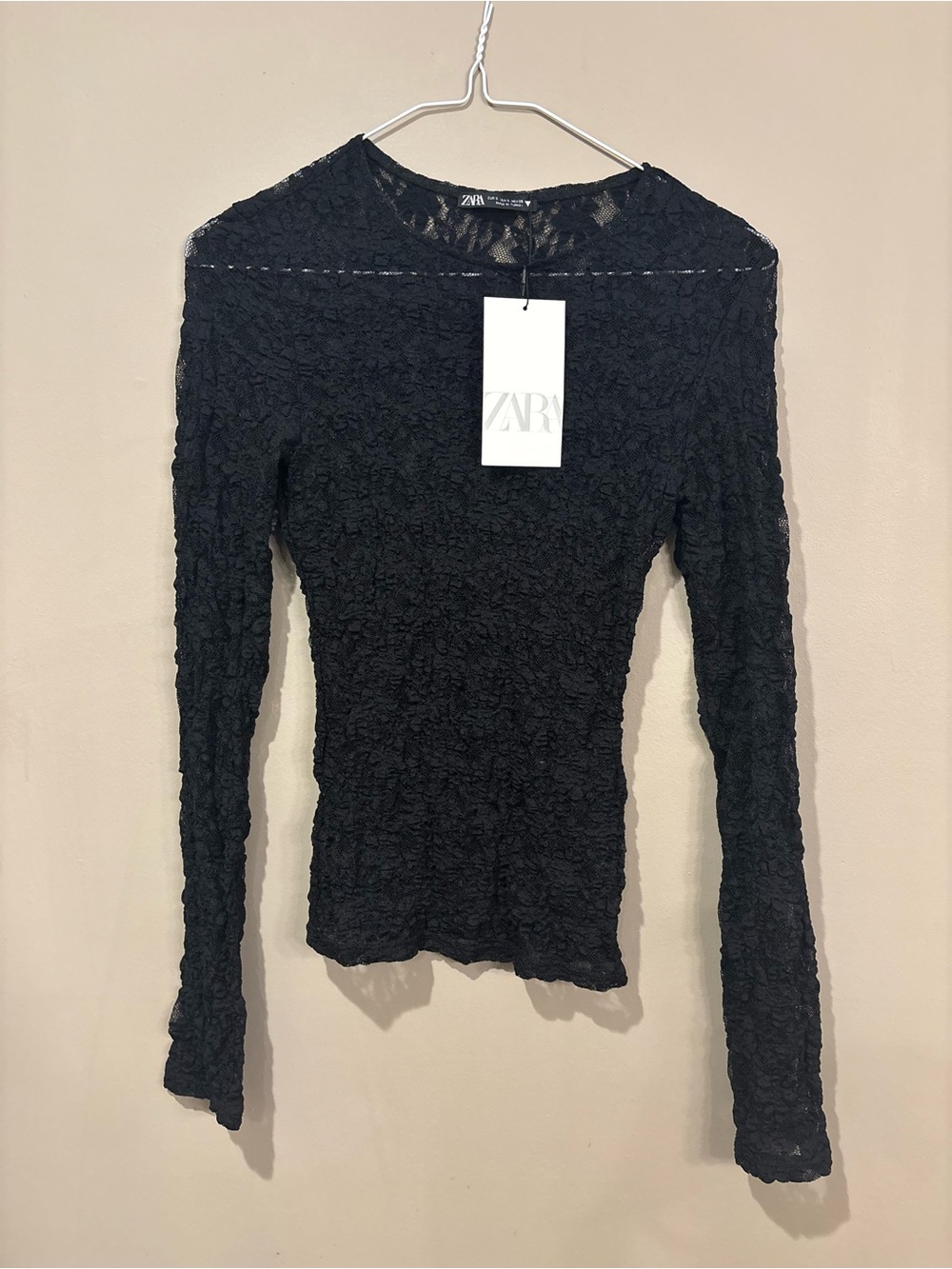 Zara Black Lace Fitted Long-Sleeve Top